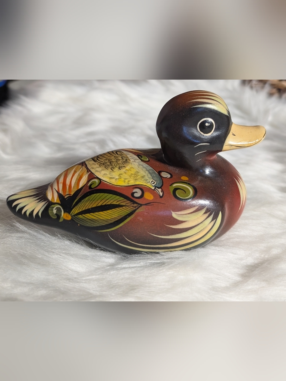 Hand-Painted Decorative Ceramic Duck Figurine in Brown and Yellow